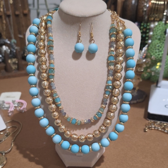 no brand Jewelry - Chic Gold and Turquoise Beaded Necklace Set